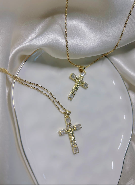 Crystal Baguette Cross (24k Gold Filled)
